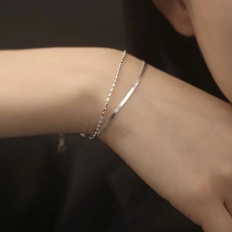 925 Silver-Plated Flat Snake Chain Double-Layer Bracelet For Women