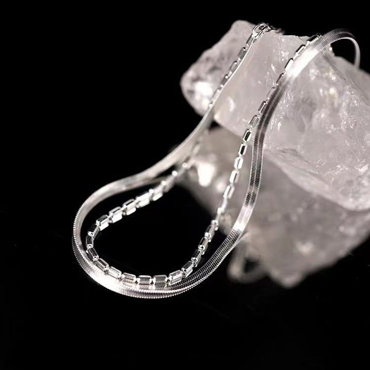 925 Silver-Plated Flat Snake Chain Double-Layer Bracelet For Women